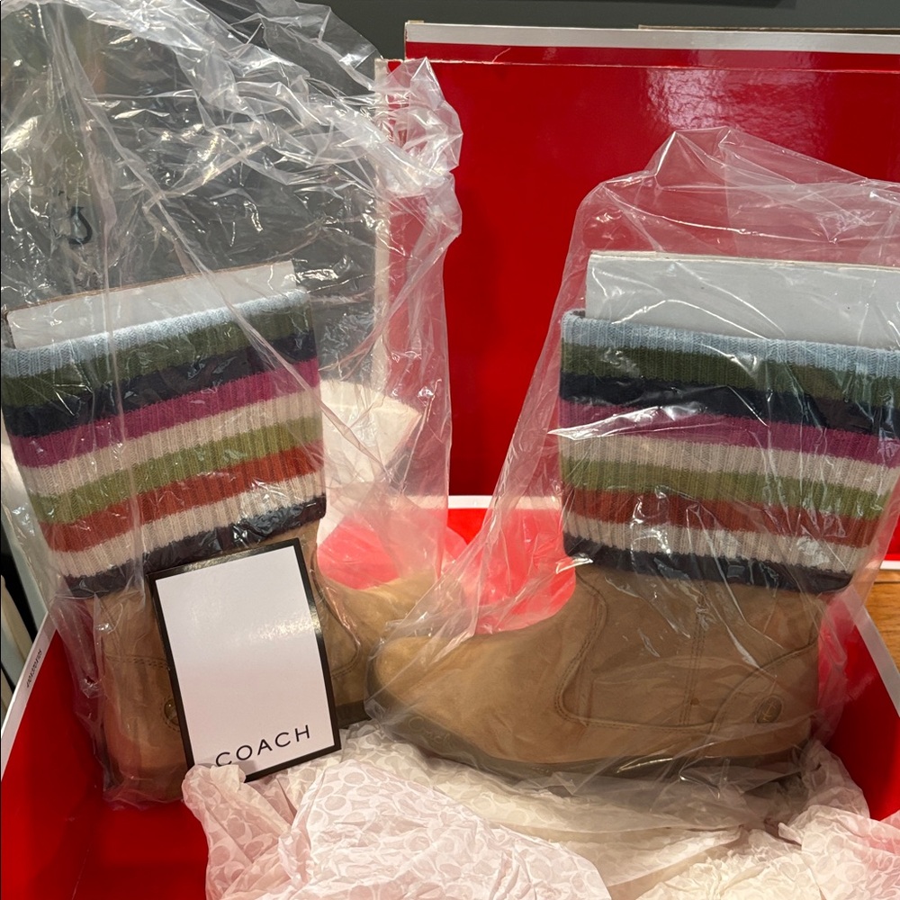New Coach Tatum Tan Boots with Colorful Striped Sock Adornment